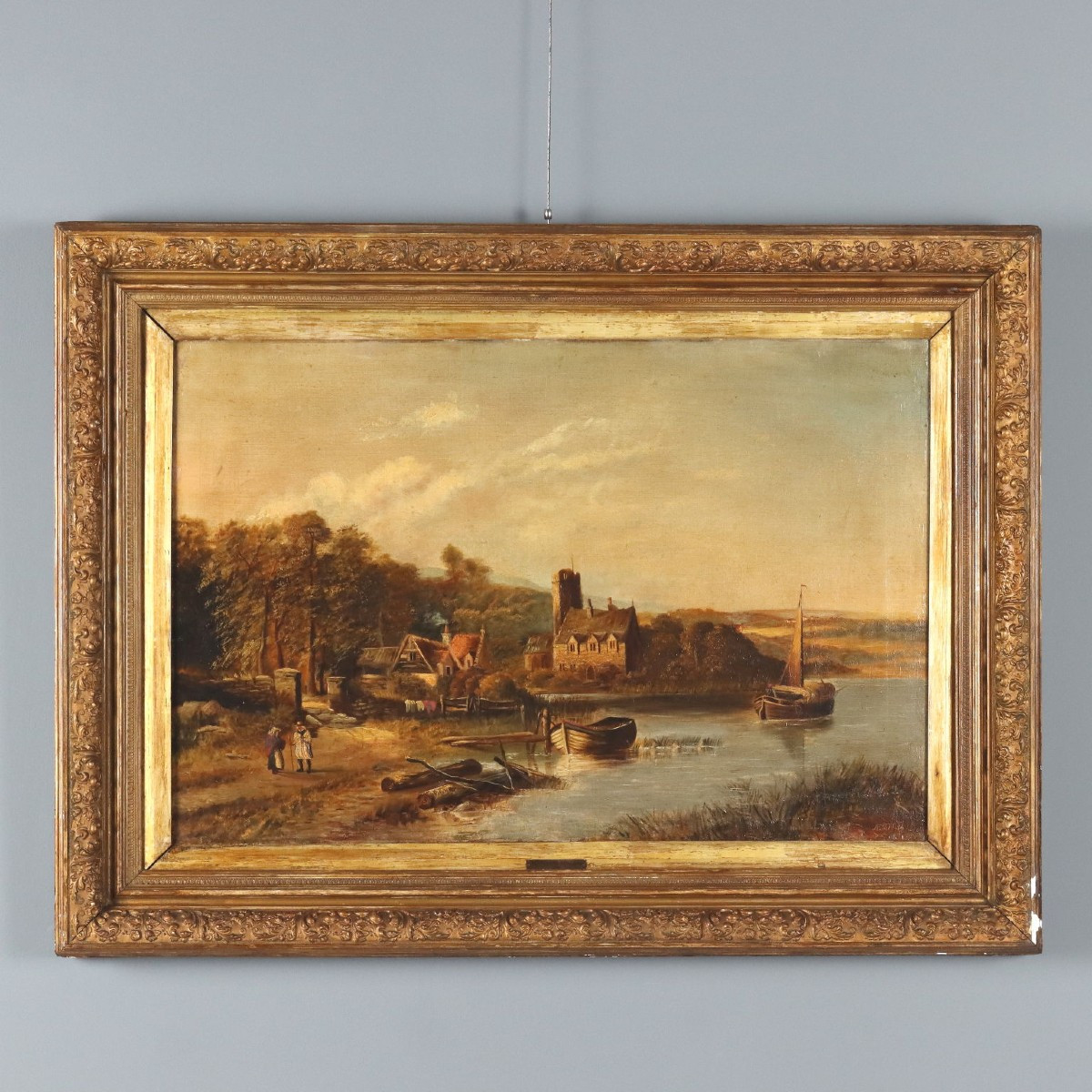 Dipinto Paesaggio Fluviale Olio su Tela Scuola Olandese XIX Secolo