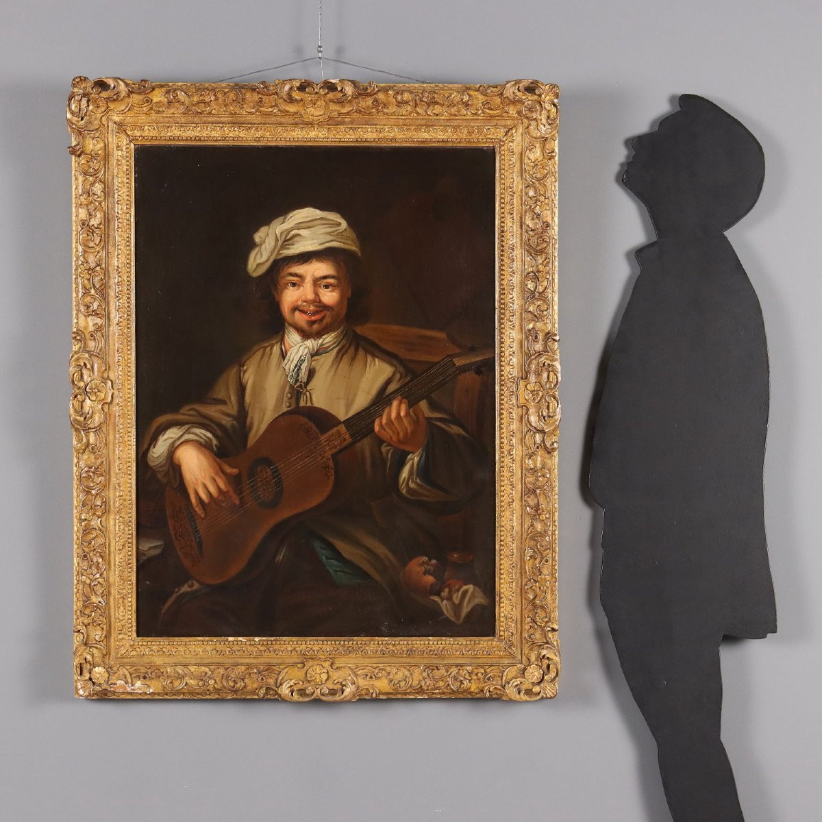 Il Suonatore di Chitarra Dipinto Antico Olio su Tela Scuola Europea XIX Secolo-photo-2