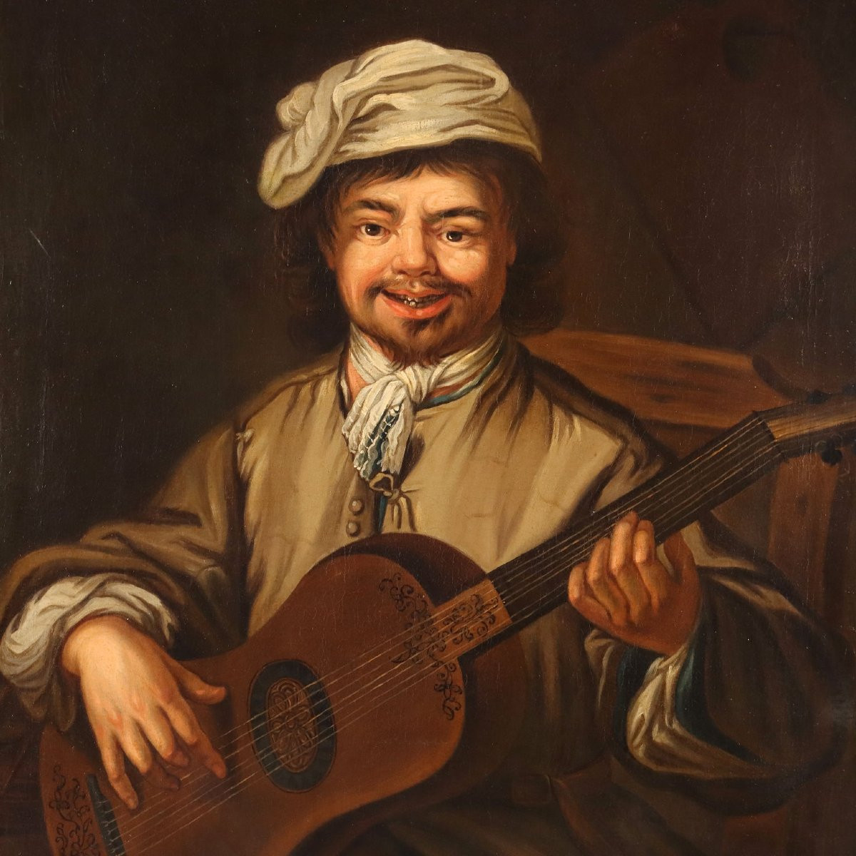 Il Suonatore di Chitarra Dipinto Antico Olio su Tela Scuola Europea XIX Secolo-photo-3