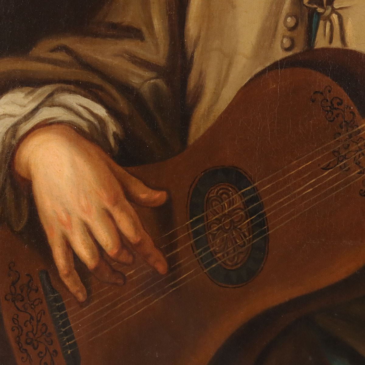 Il Suonatore di Chitarra Dipinto Antico Olio su Tela Scuola Europea XIX Secolo-photo-1