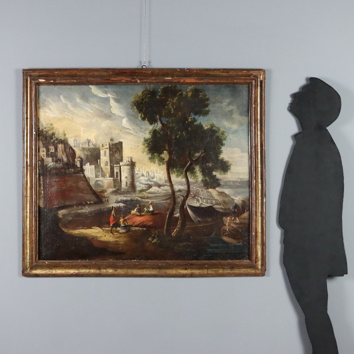 Dipinto Antico Paesaggio con Edifici e Figure Olio su Tela '700 Originale-photo-2