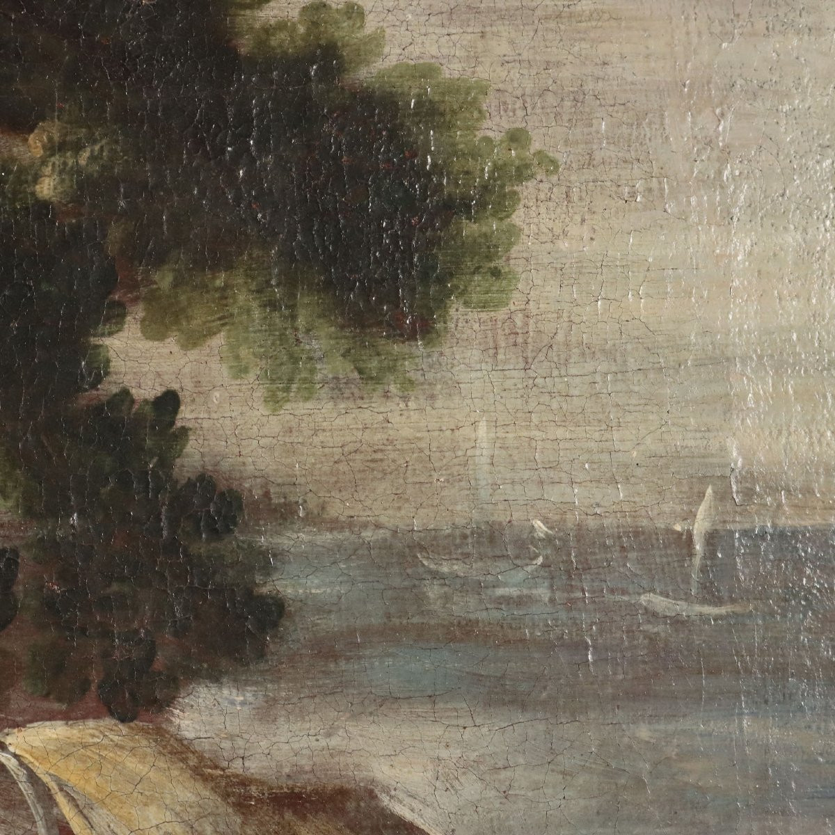 Dipinto Antico Paesaggio con Edifici e Figure Olio su Tela '700 Originale-photo-2