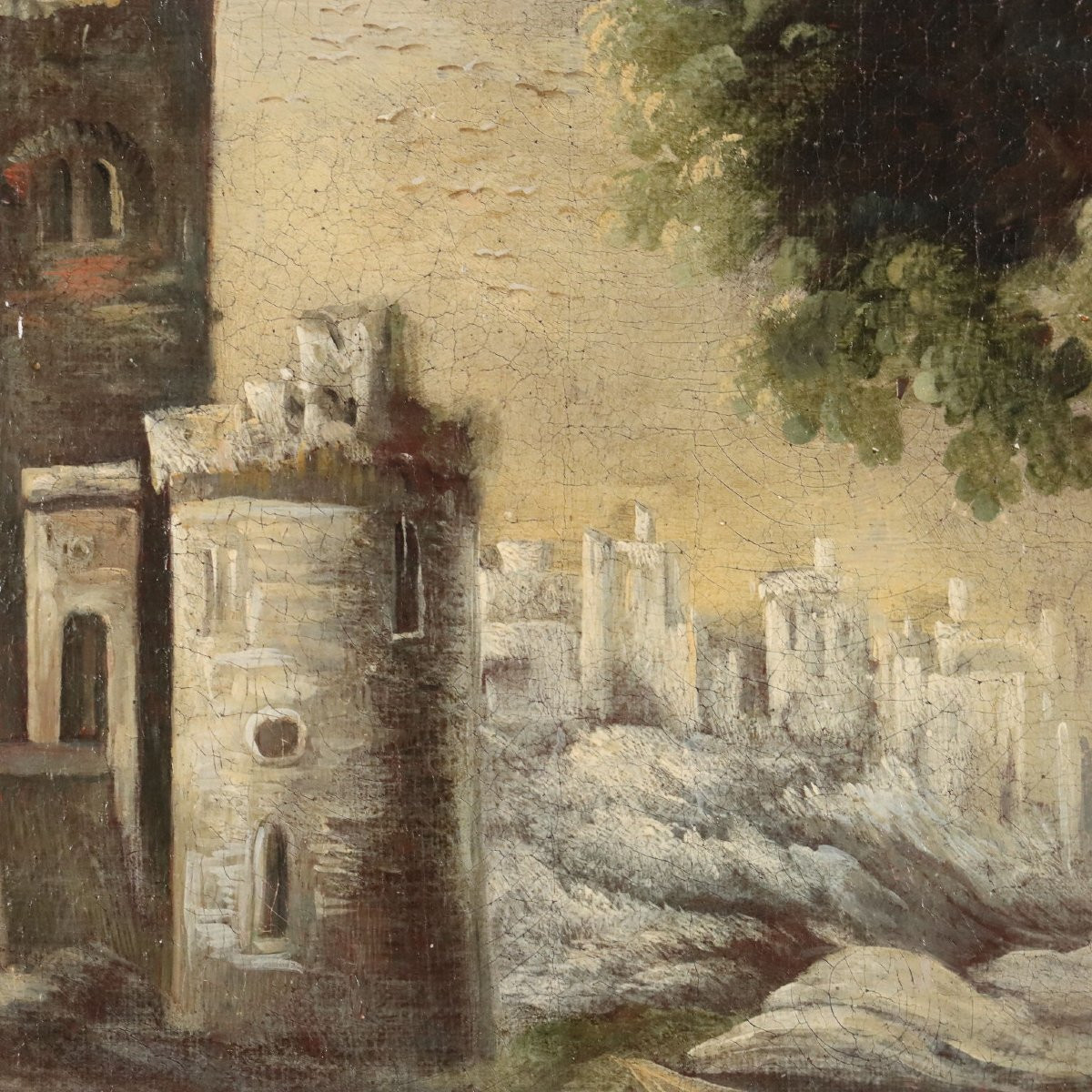 Dipinto Antico Paesaggio con Edifici e Figure Olio su Tela '700 Originale-photo-3