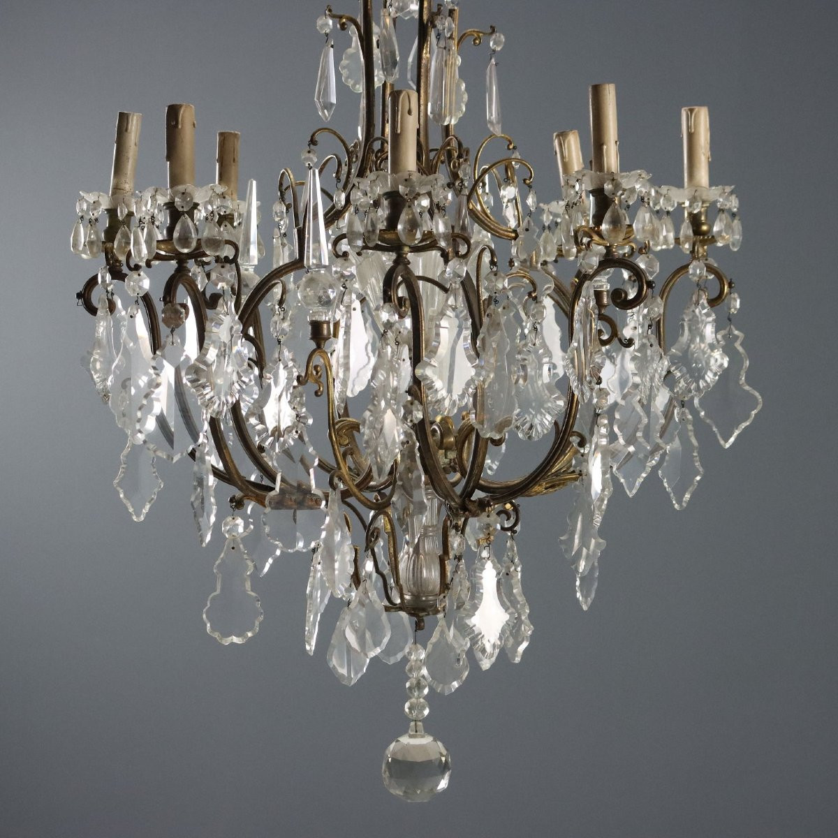 Lampadario a Otto Luci in Metallo Dorato Italia Fine XIX Secolo-photo-3