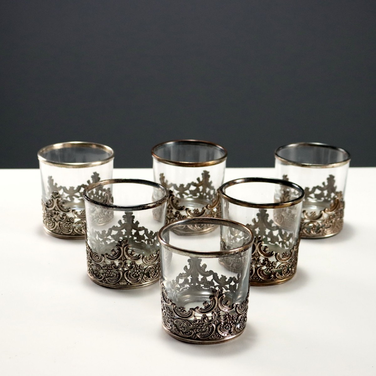 Gruppo di Sei Bicchieri Vetro e Argento Manifattura Milanese Italia Anni '60