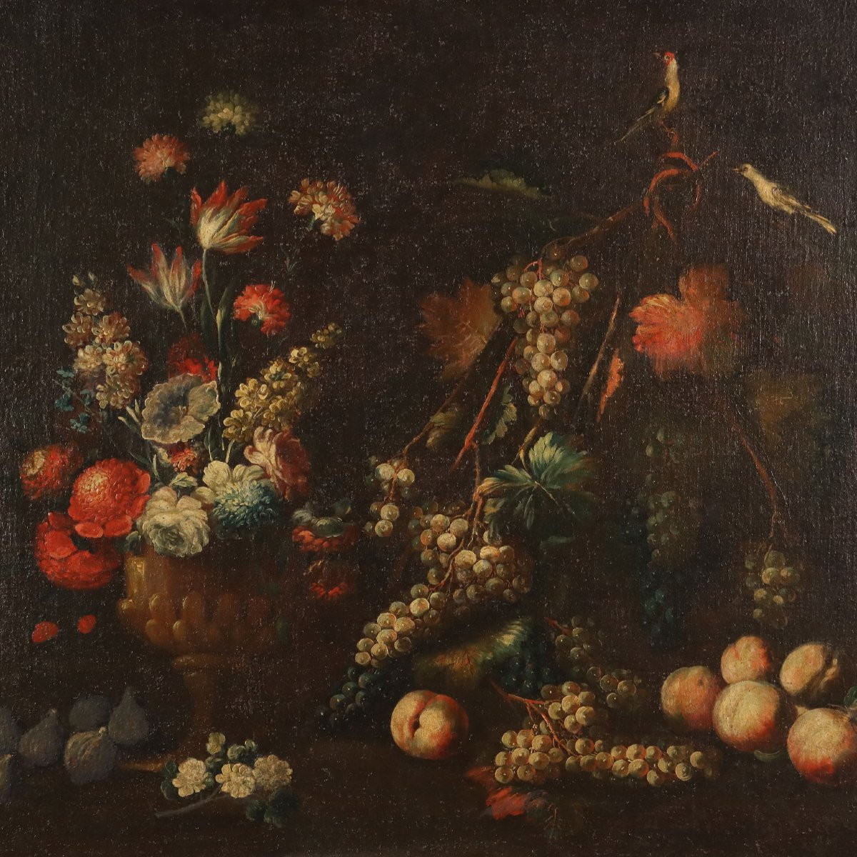 Quadro Natura Morta con Fiori Frutta e Uccellini-photo-3