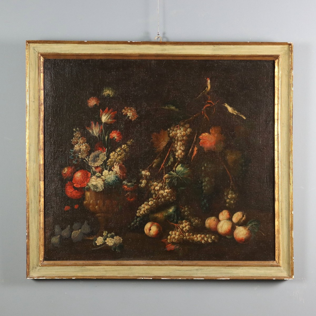 Quadro Natura Morta con Fiori Frutta e Uccellini