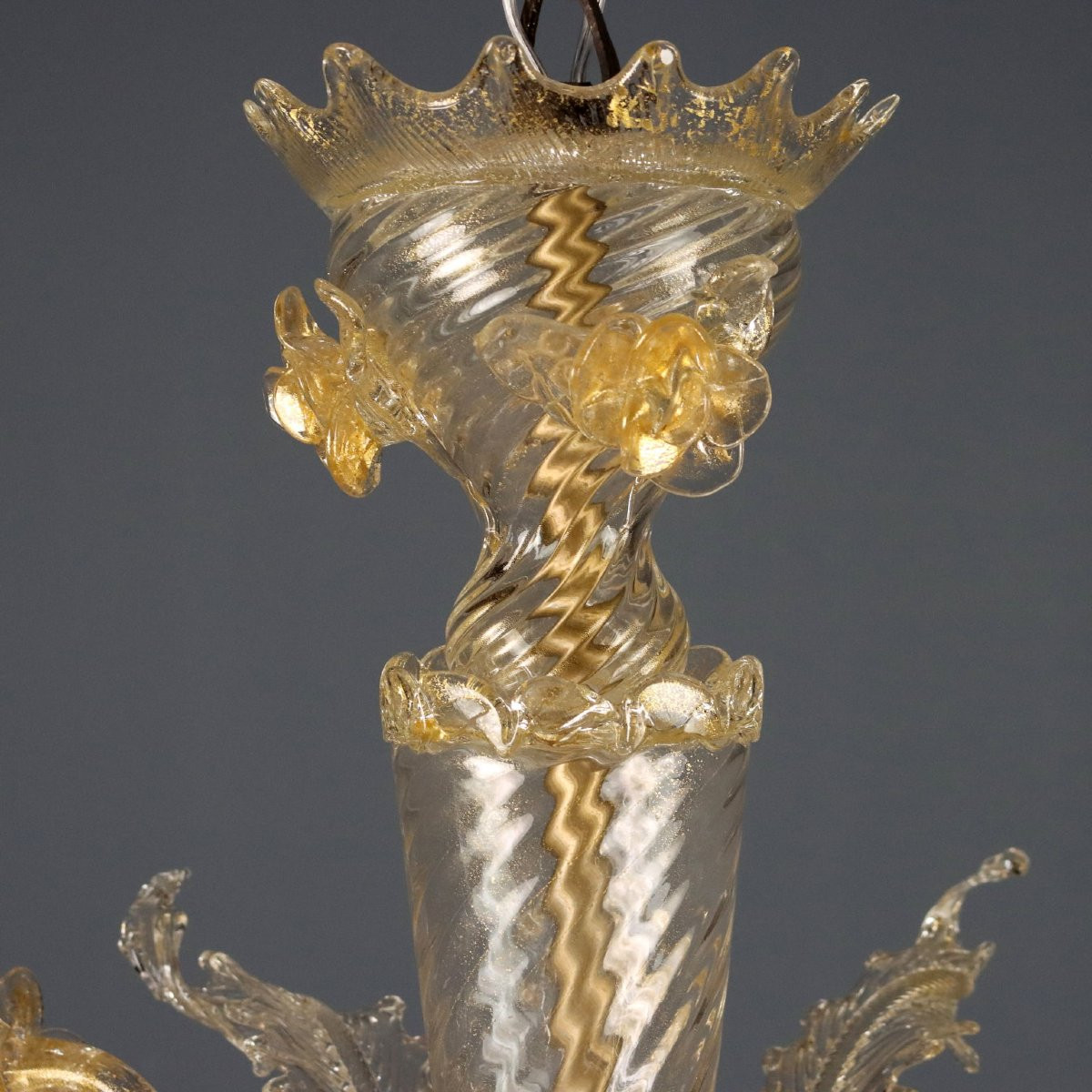 Lampadario in Vetro Soffiato con Dorature Murano Inizio XX Secolo-photo-3