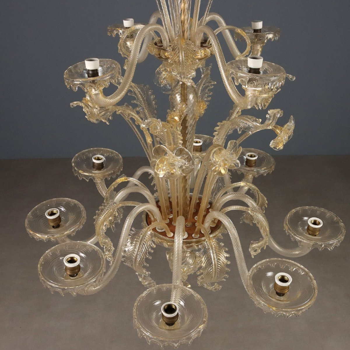 Lampadario in Vetro Soffiato con Dorature Murano Inizio XX Secolo-photo-4