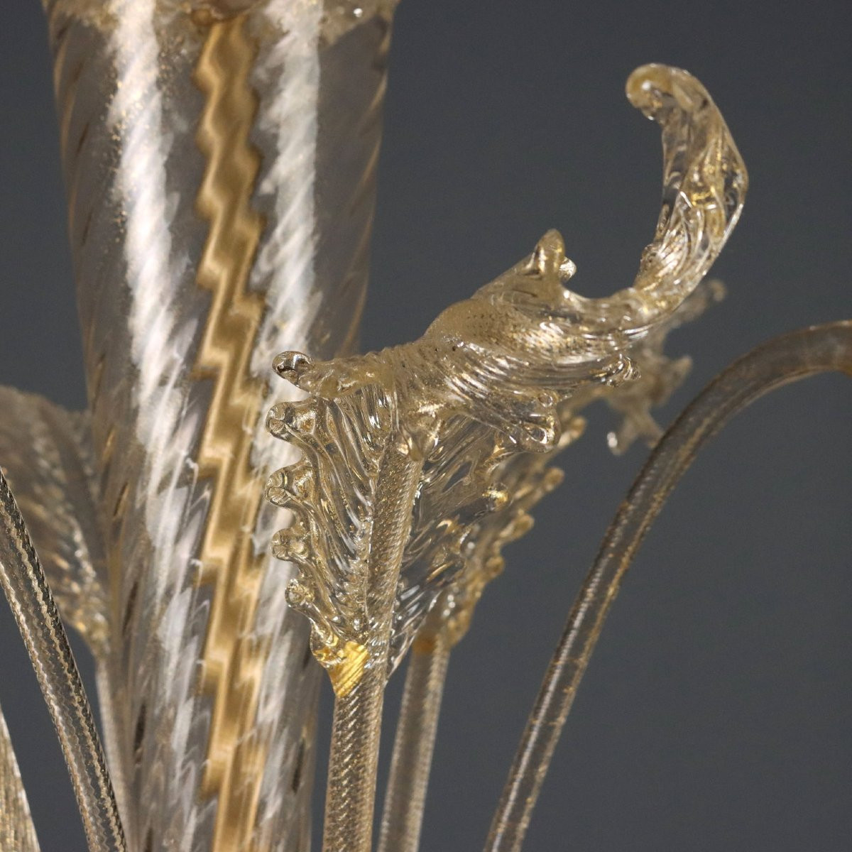 Lampadario in Vetro Soffiato con Dorature Murano Inizio XX Secolo-photo-5