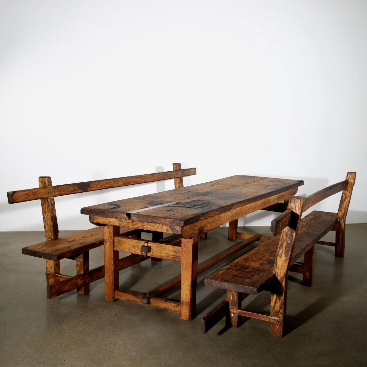 Coppia di Panche in Castagno Italia Inizio XX Secolo-photo-7