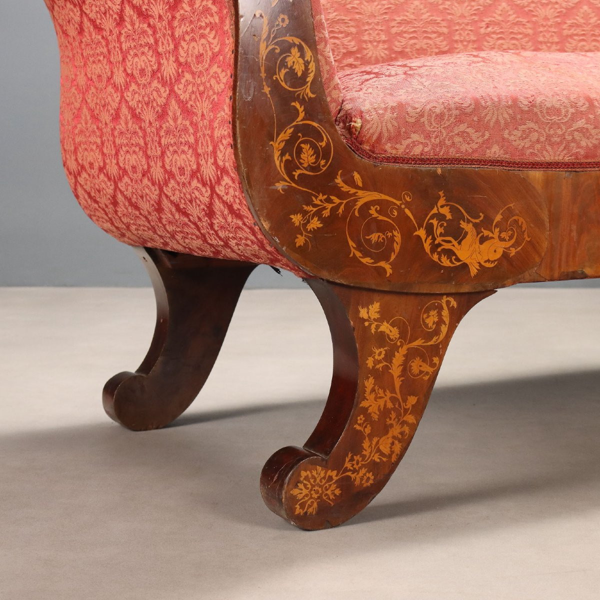 Divano Carlo X in Mogano con Intarsi in Acero Italia Prima Metà XIX Secolo-photo-3