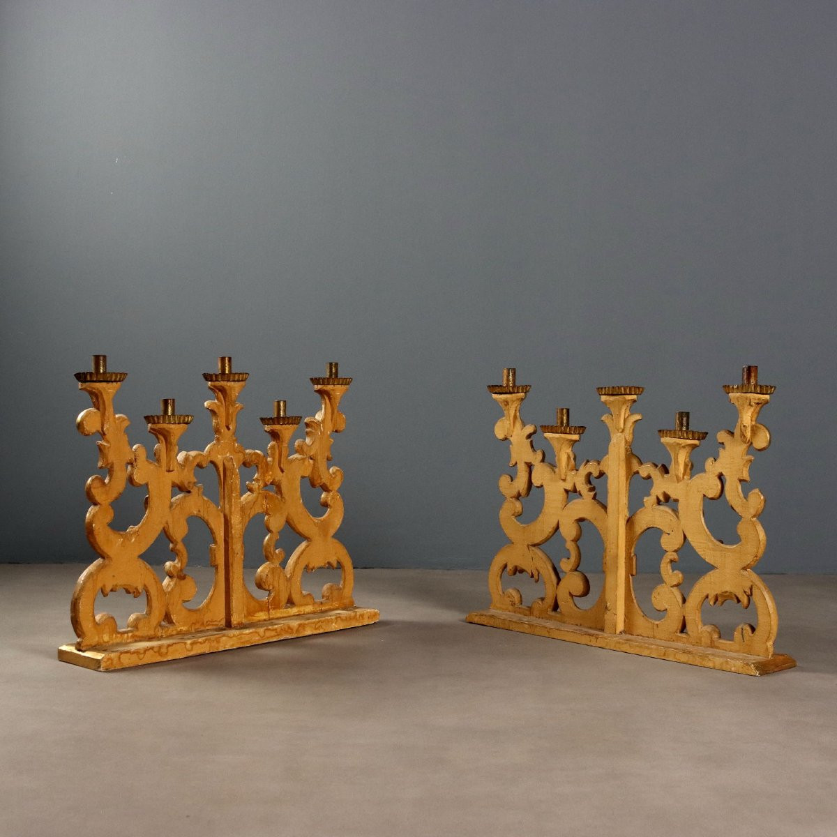 Coppia di Torcieri in Legno Intagliato e Dorato Italia XVIII Secolo-photo-4