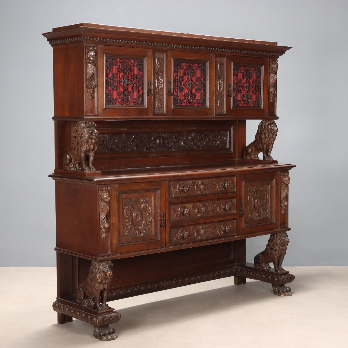 Credenza Doppio Corpo in Stile Neorinascimento Italia Inizio XX Secolo