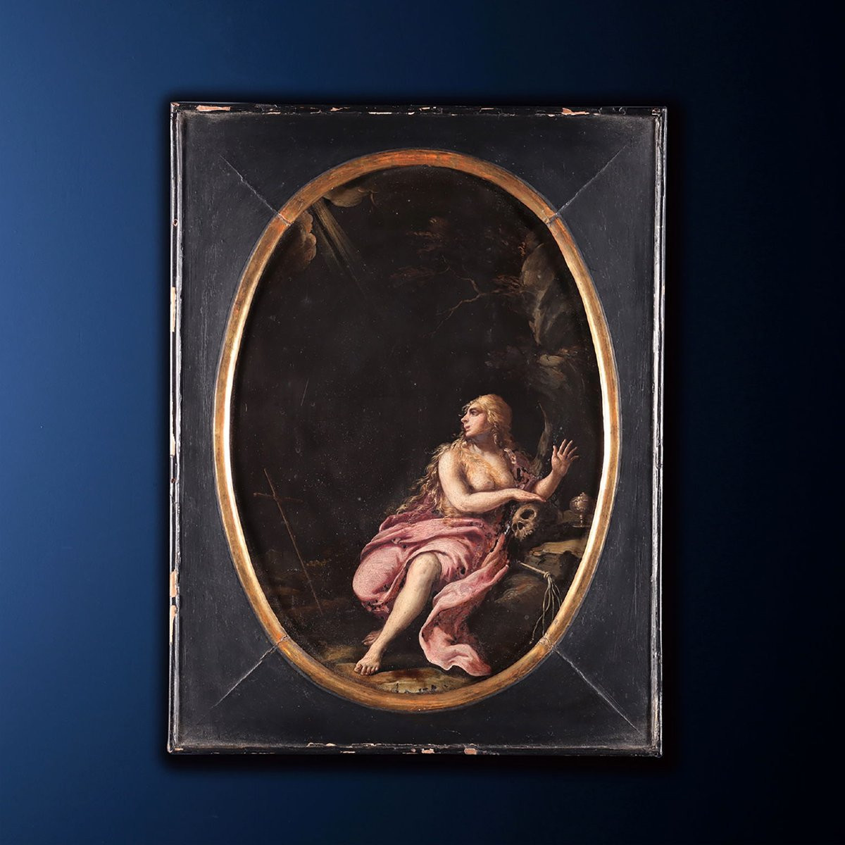 Coppia di Dipinti su Ardesia - La Maddalena penitente e San Giovanni Battista-photo-2