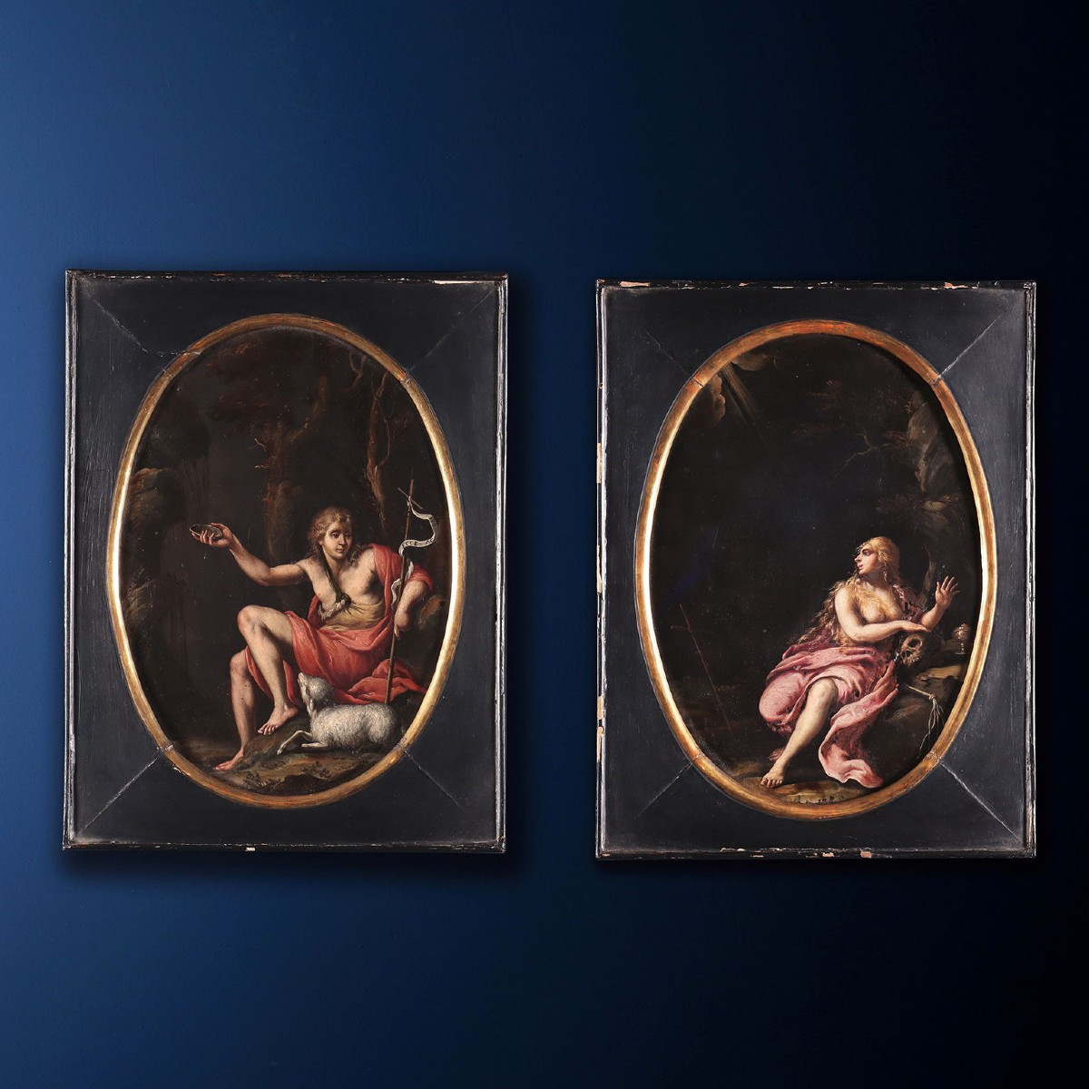 Coppia di Dipinti su Ardesia - La Maddalena penitente e San Giovanni Battista