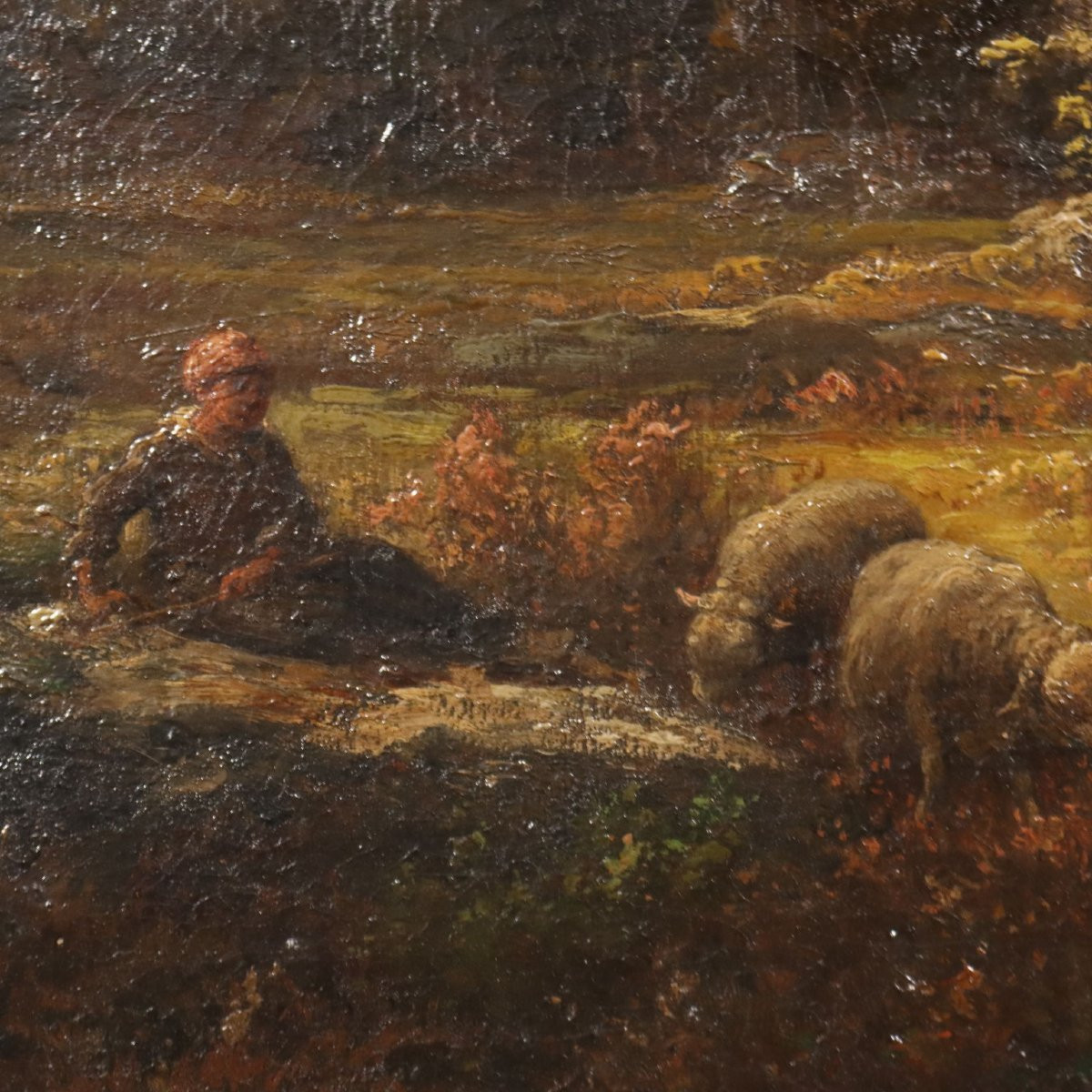 Dipinto di Jean Ferdinand Chaigneau Paesaggio con Pastorella e Pecore XIX Secolo-photo-4