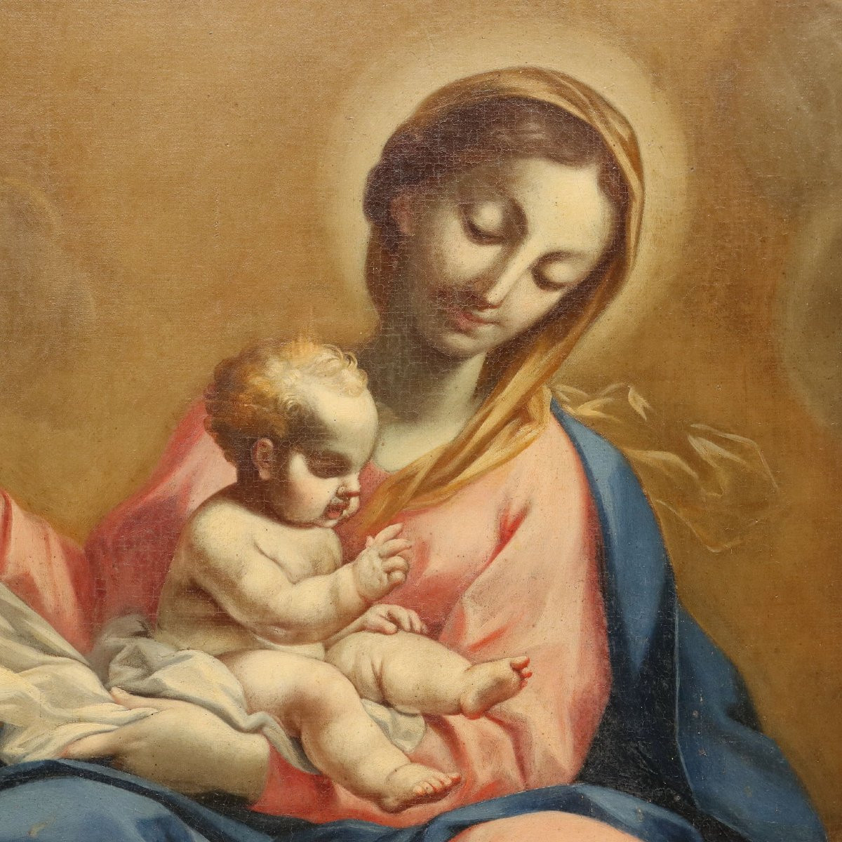 Dipinto Madonna con Bambino e Angeli Olio su tela XVIII Secolo-photo-4