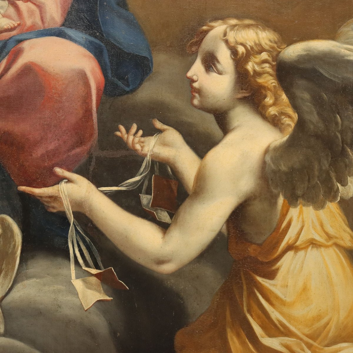 Dipinto Madonna con Bambino e Angeli Olio su tela XVIII Secolo-photo-2