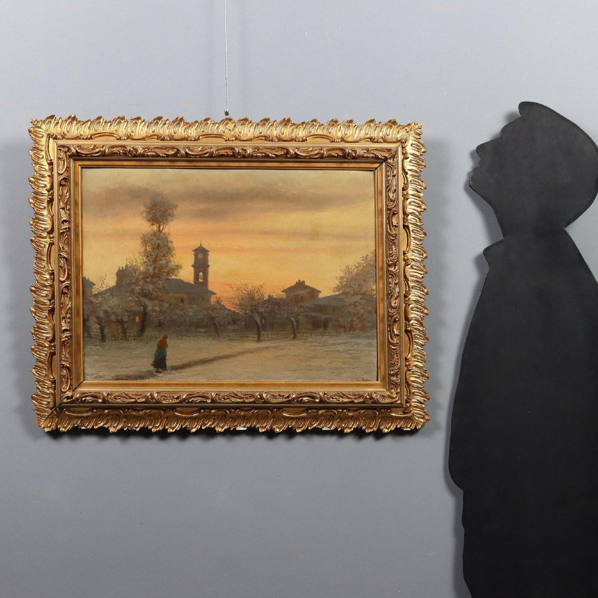 Dipinto di Ugo Gheduzzi Veduta di Paese al Tramonto XX Secolo -photo-2