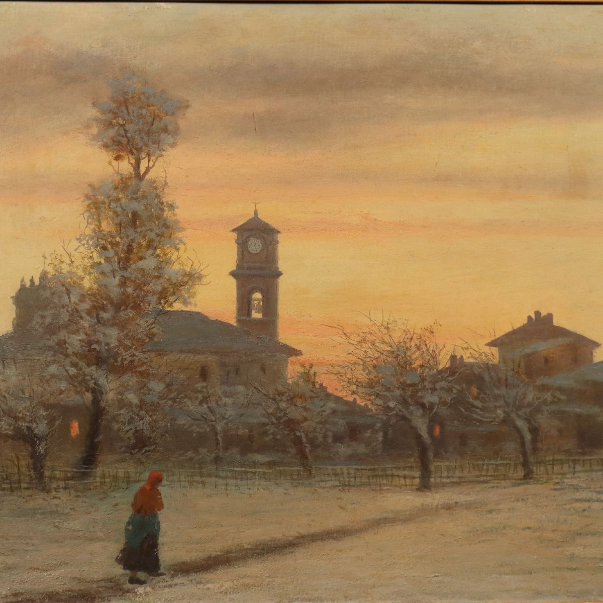 Dipinto di Ugo Gheduzzi Veduta di Paese al Tramonto XX Secolo -photo-3
