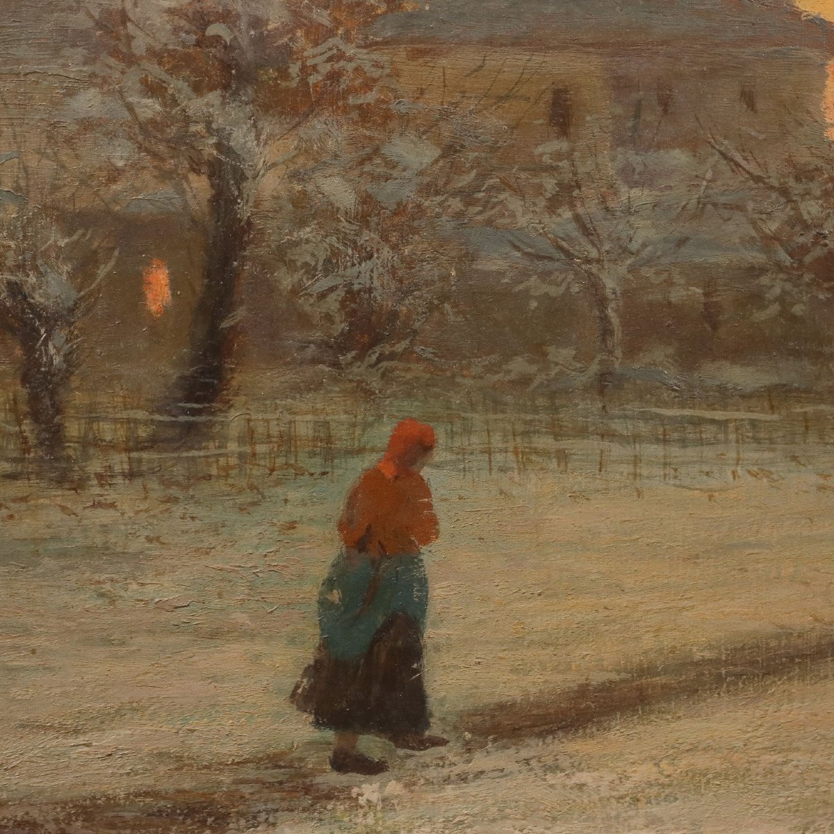 Dipinto di Ugo Gheduzzi Veduta di Paese al Tramonto XX Secolo -photo-4