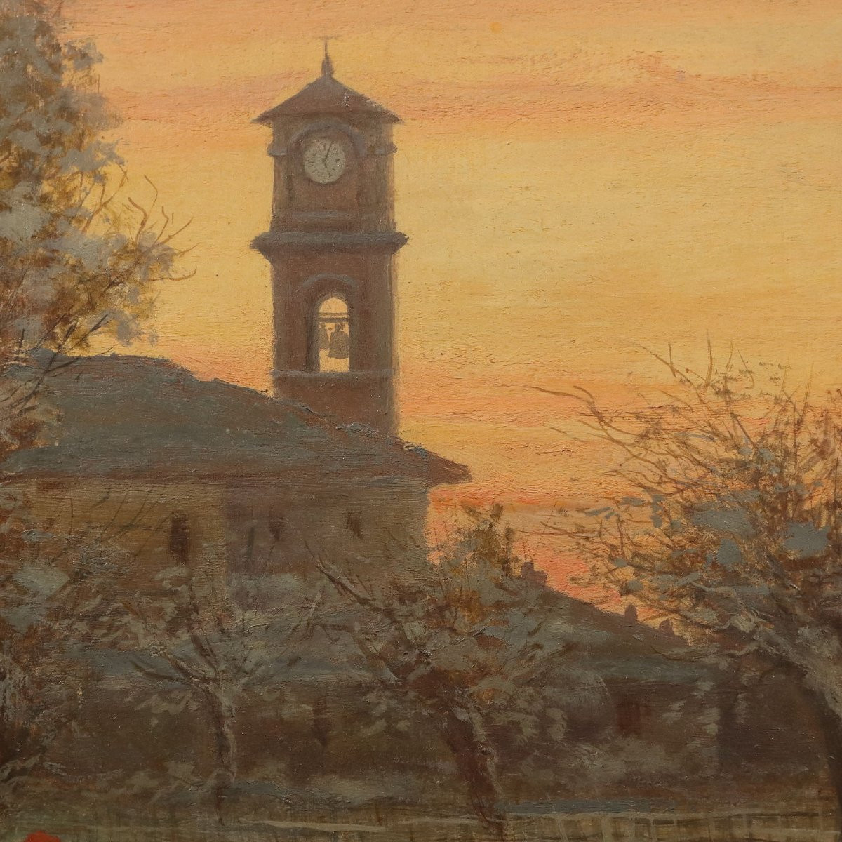 Dipinto di Ugo Gheduzzi Veduta di Paese al Tramonto XX Secolo -photo-1