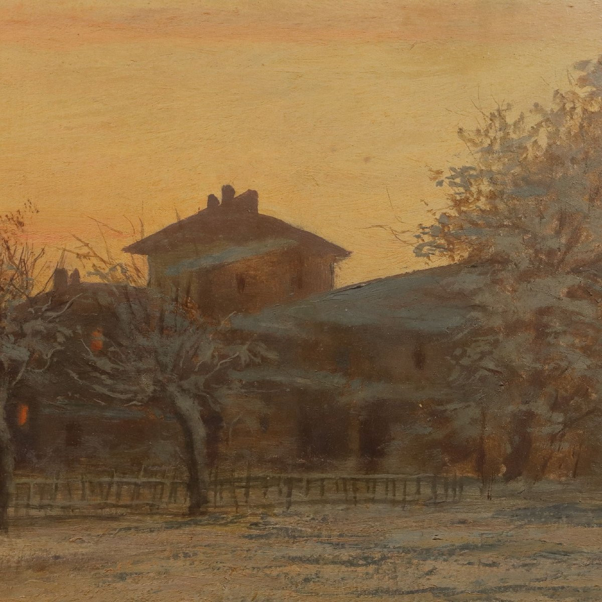 Dipinto di Ugo Gheduzzi Veduta di Paese al Tramonto XX Secolo -photo-2