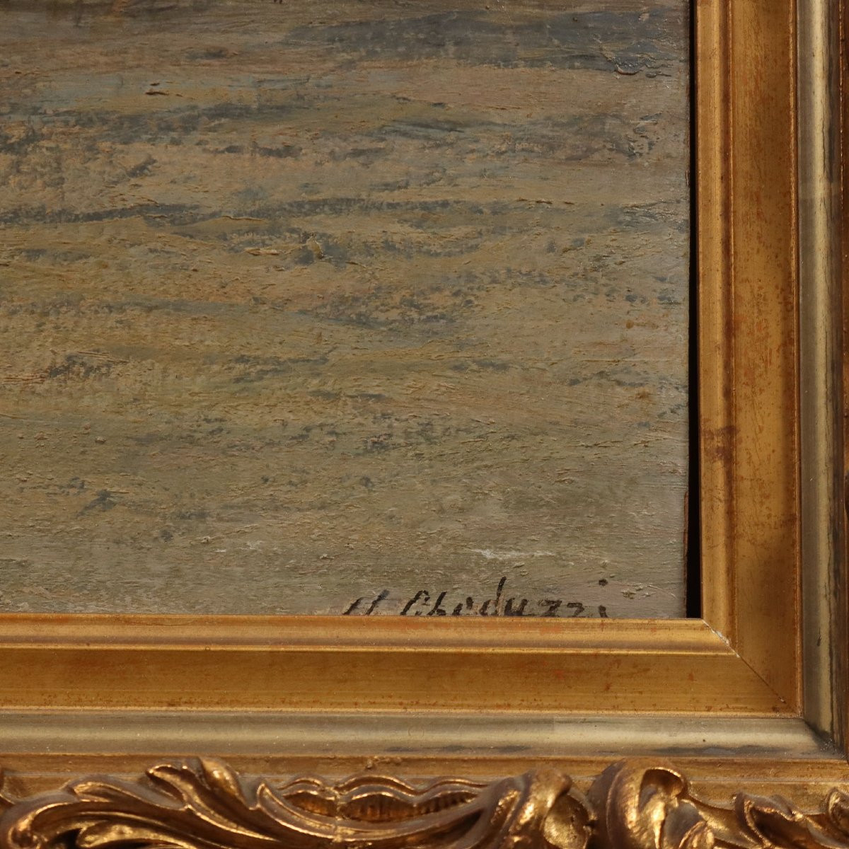 Dipinto di Ugo Gheduzzi Veduta di Paese al Tramonto XX Secolo -photo-3