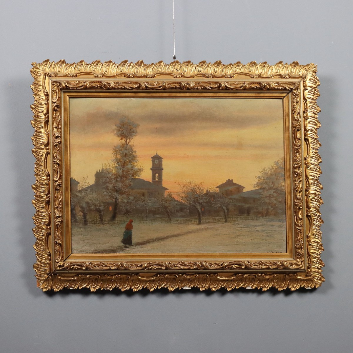 Dipinto di Ugo Gheduzzi Veduta di Paese al Tramonto XX Secolo 