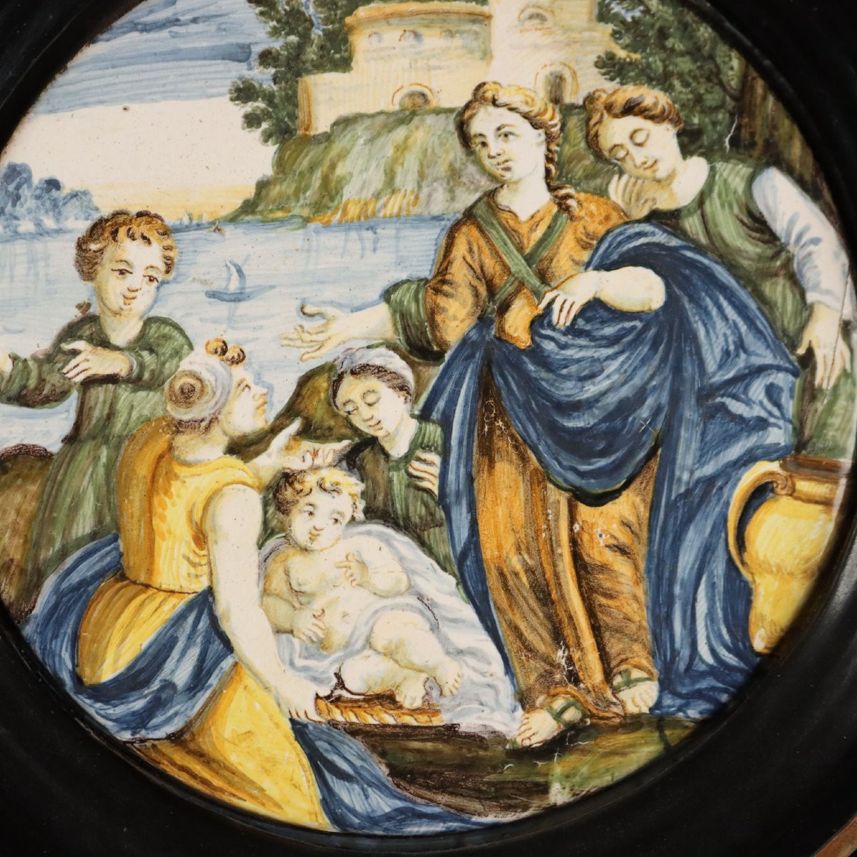 Mosè Salvato dalle Acque Tondo in Maiolica dentro Cornice in Legno Manifattura Castelli d'Abruz-photo-3