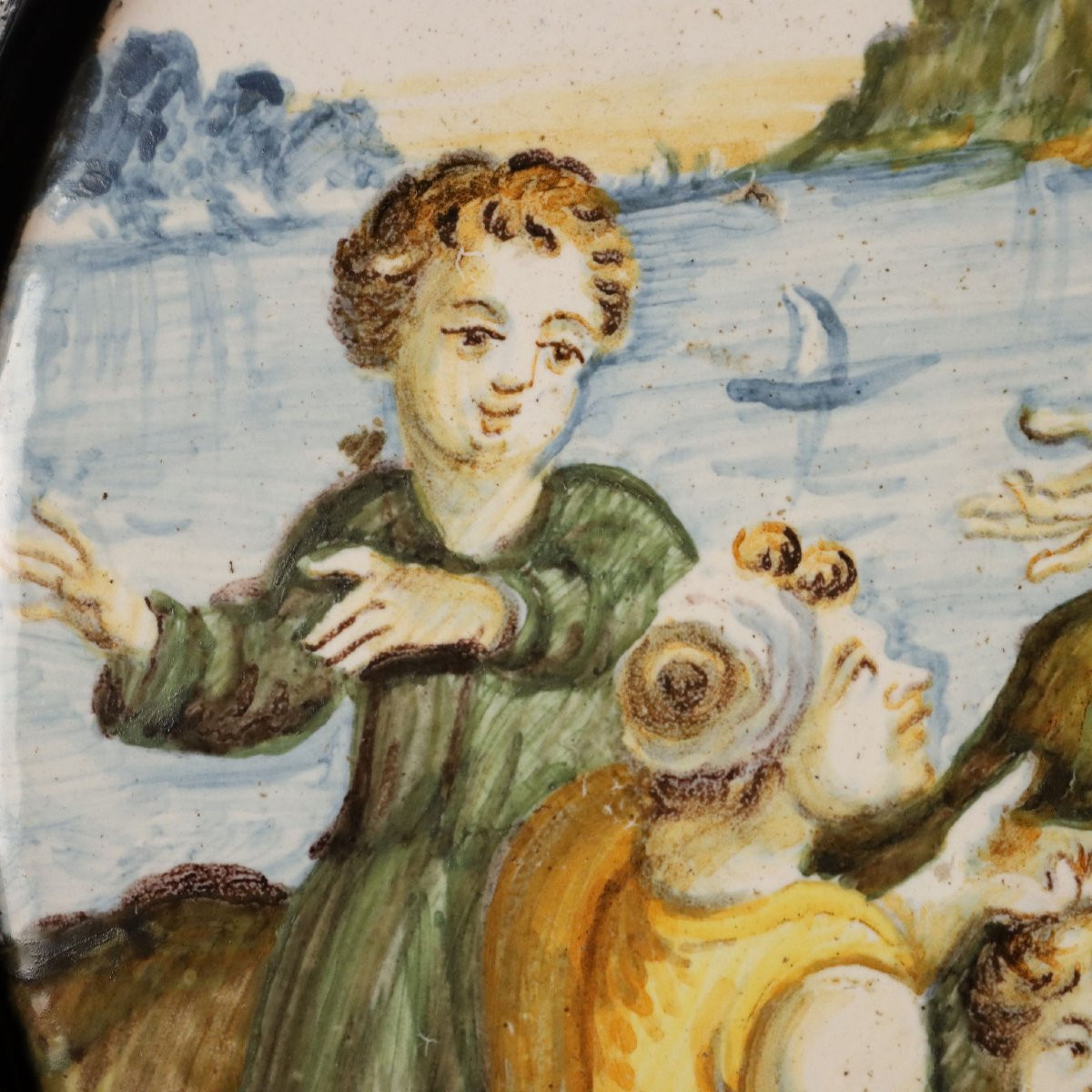 Mosè Salvato dalle Acque Tondo in Maiolica dentro Cornice in Legno Manifattura Castelli d'Abruz-photo-1