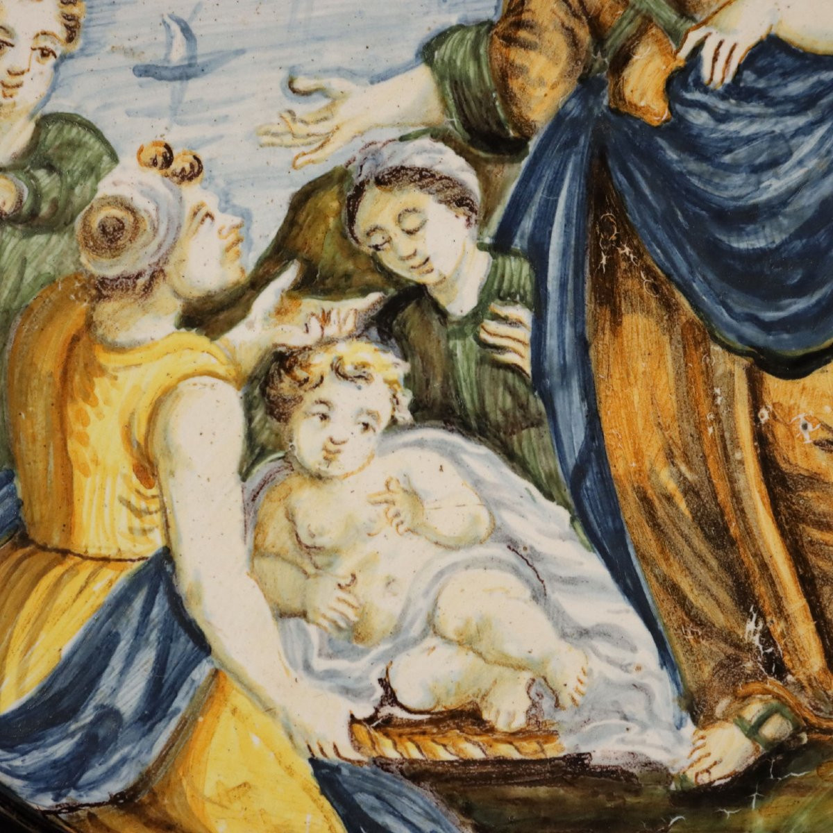 Mosè Salvato dalle Acque Tondo in Maiolica dentro Cornice in Legno Manifattura Castelli d'Abruz-photo-2