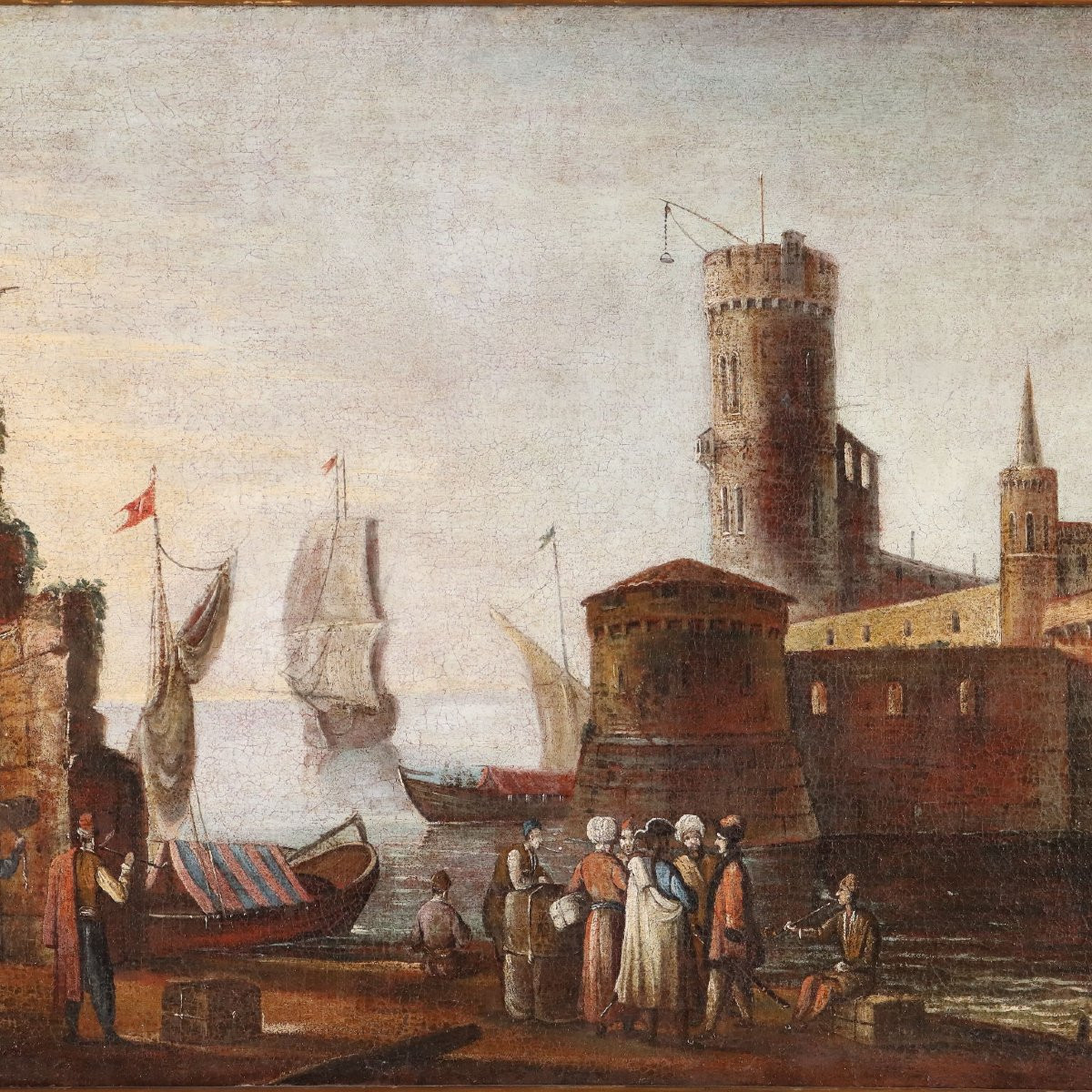 Dipinto Scena di Porto Mediterraneo XVIII Secolo-photo-3