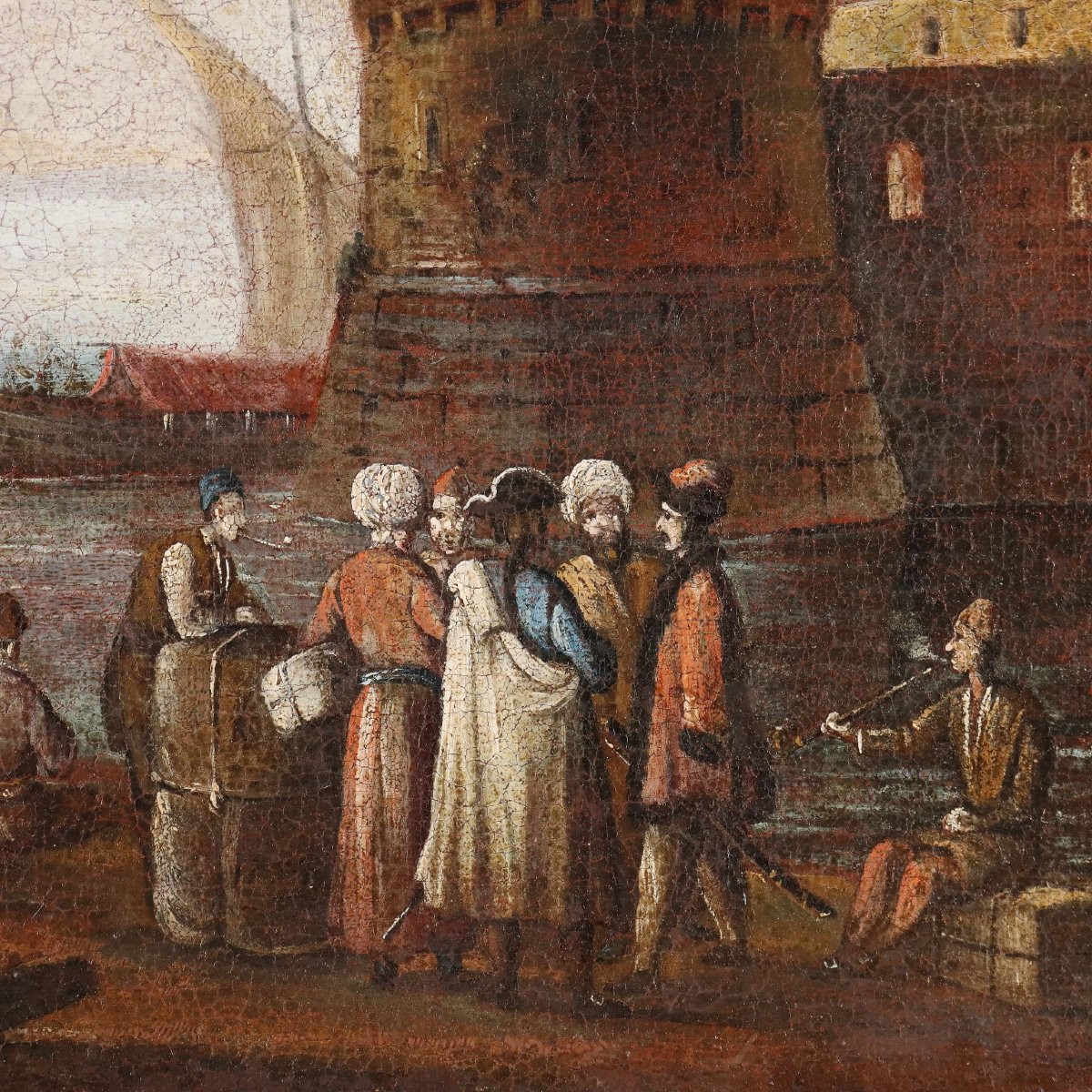 Dipinto Scena di Porto Mediterraneo XVIII Secolo-photo-4