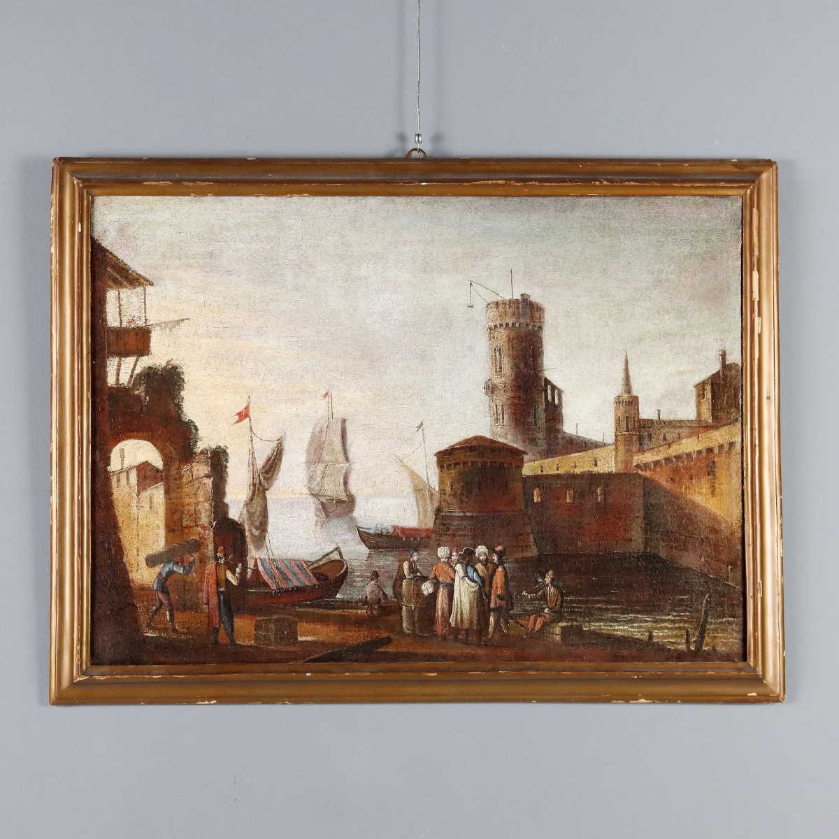 Dipinto Scena di Porto Mediterraneo XVIII Secolo