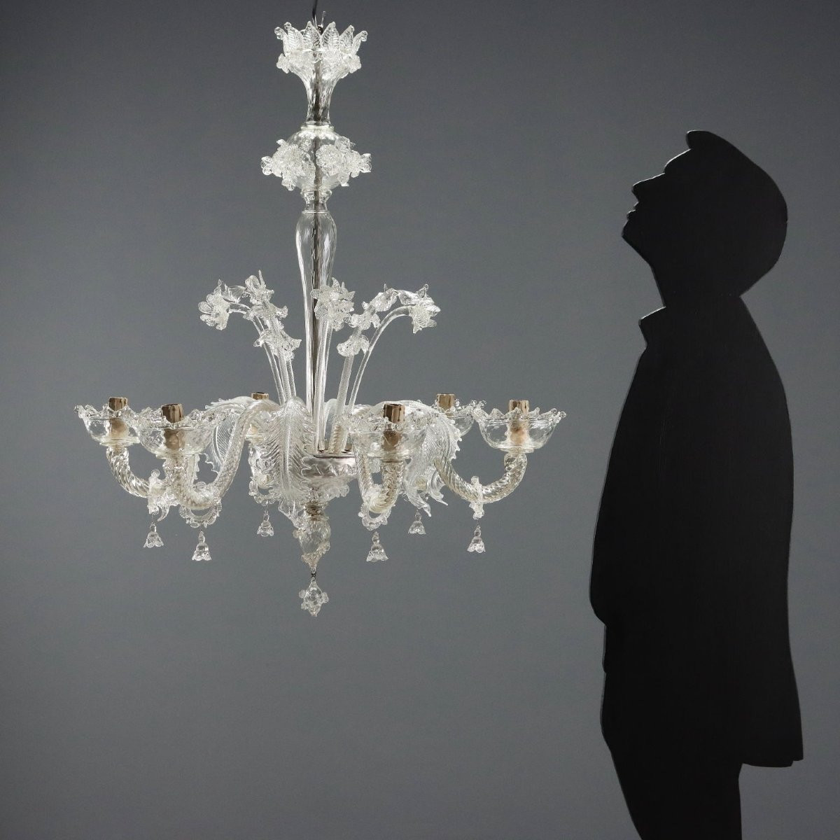 Lampadario in Vetro Soffiato Veneziano Trasparente Murano Fine XIX Secolo-photo-2