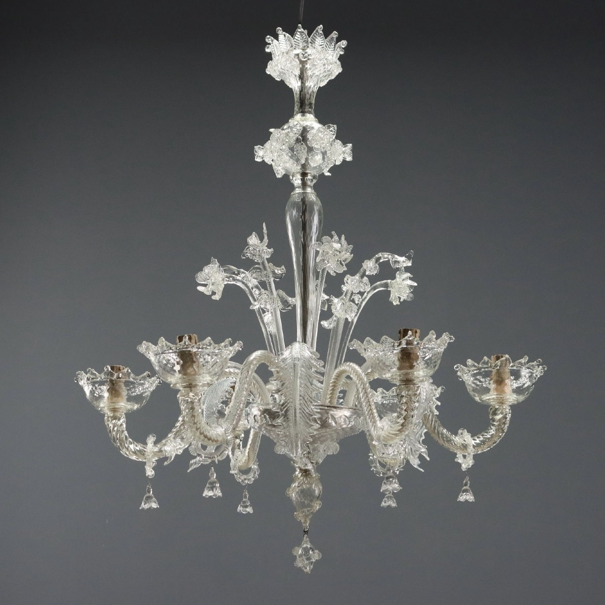 Lampadario in Vetro Soffiato Veneziano Trasparente Murano Fine XIX Secolo