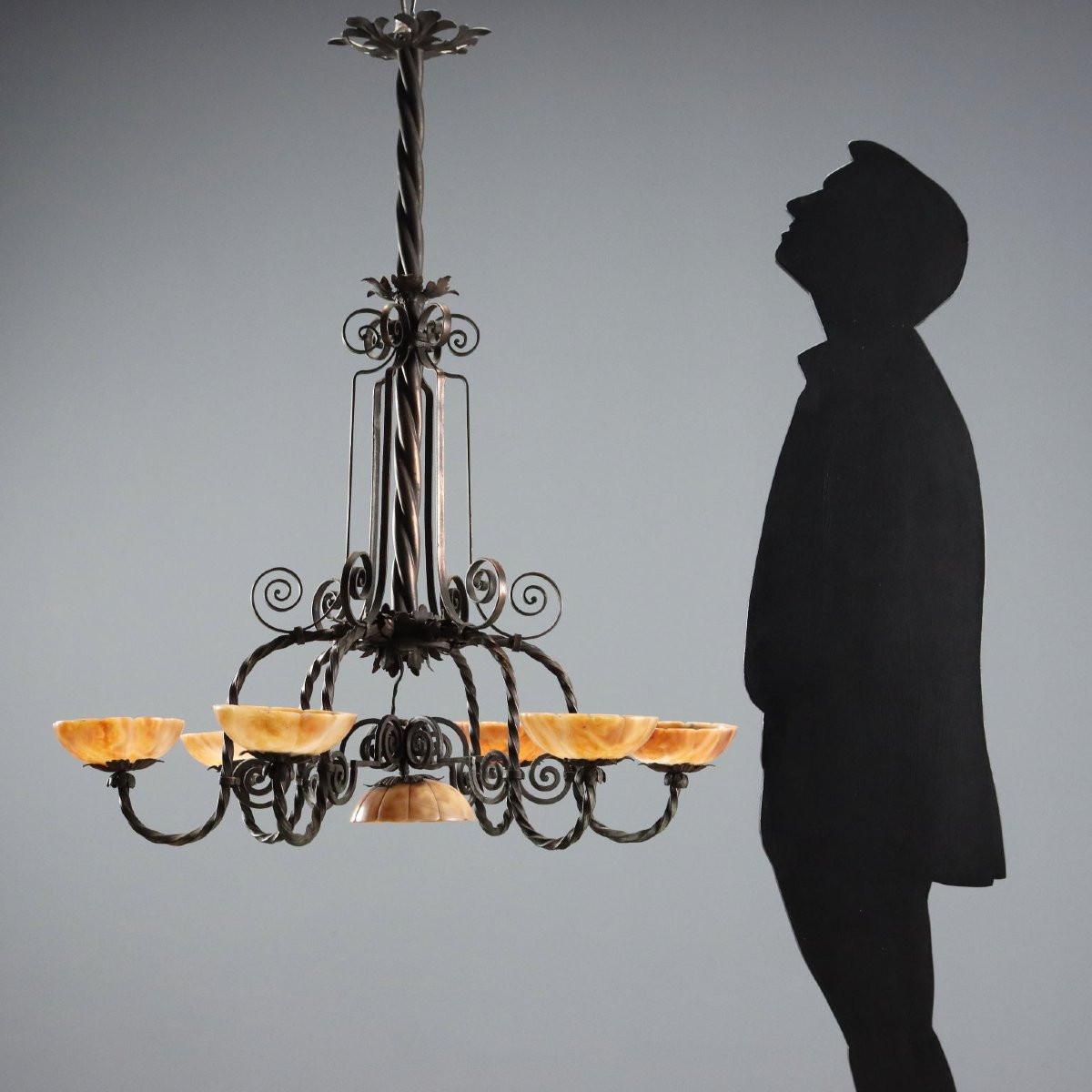 Lampadario Liberty in Metallo Brunito Italia Primo Quarto XX Secolo-photo-2
