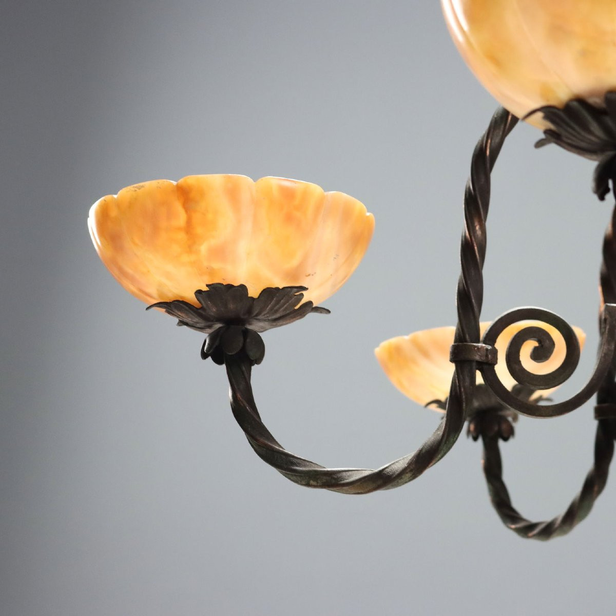 Lampadario Liberty in Metallo Brunito Italia Primo Quarto XX Secolo-photo-3
