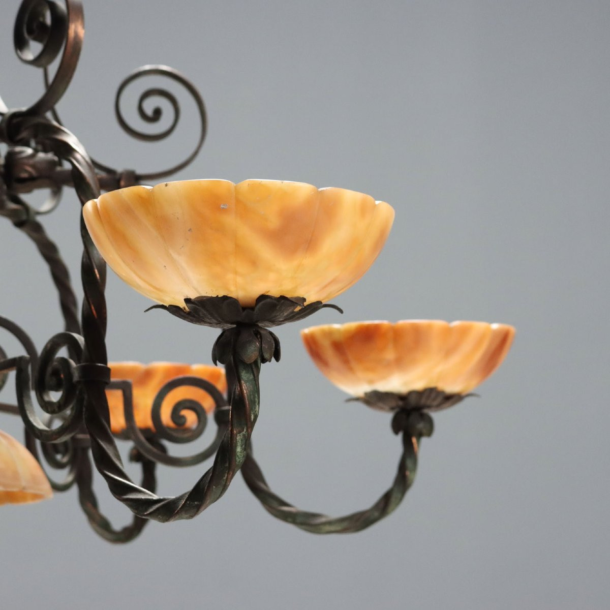 Lampadario Liberty in Metallo Brunito Italia Primo Quarto XX Secolo-photo-4