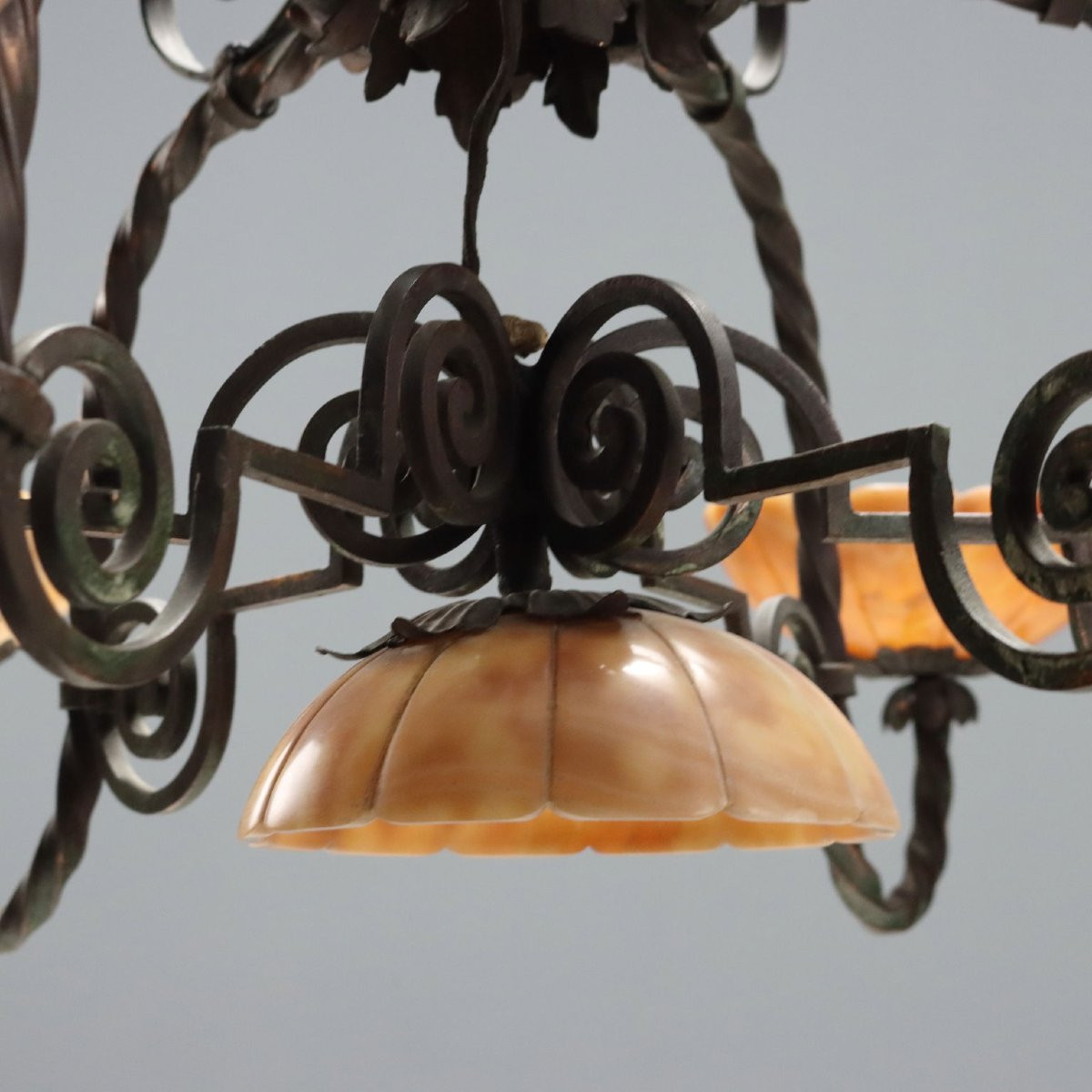 Lampadario Liberty in Metallo Brunito Italia Primo Quarto XX Secolo-photo-3