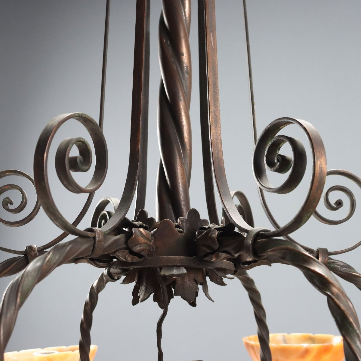 Lampadario Liberty in Metallo Brunito Italia Primo Quarto XX Secolo-photo-4