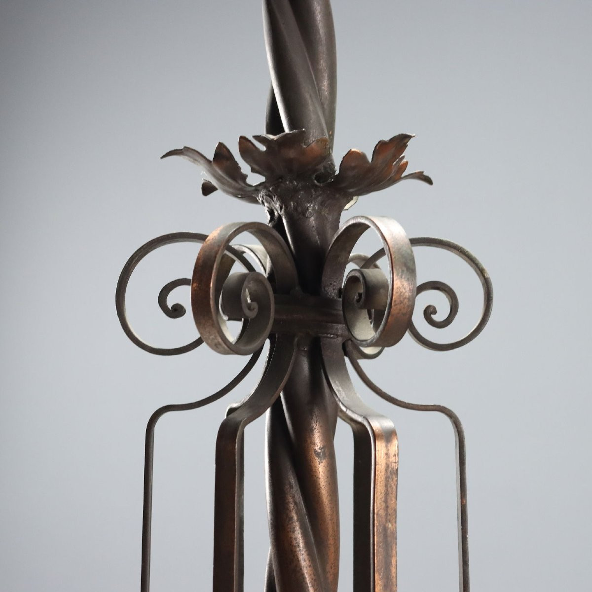 Lampadario Liberty in Metallo Brunito Italia Primo Quarto XX Secolo-photo-5