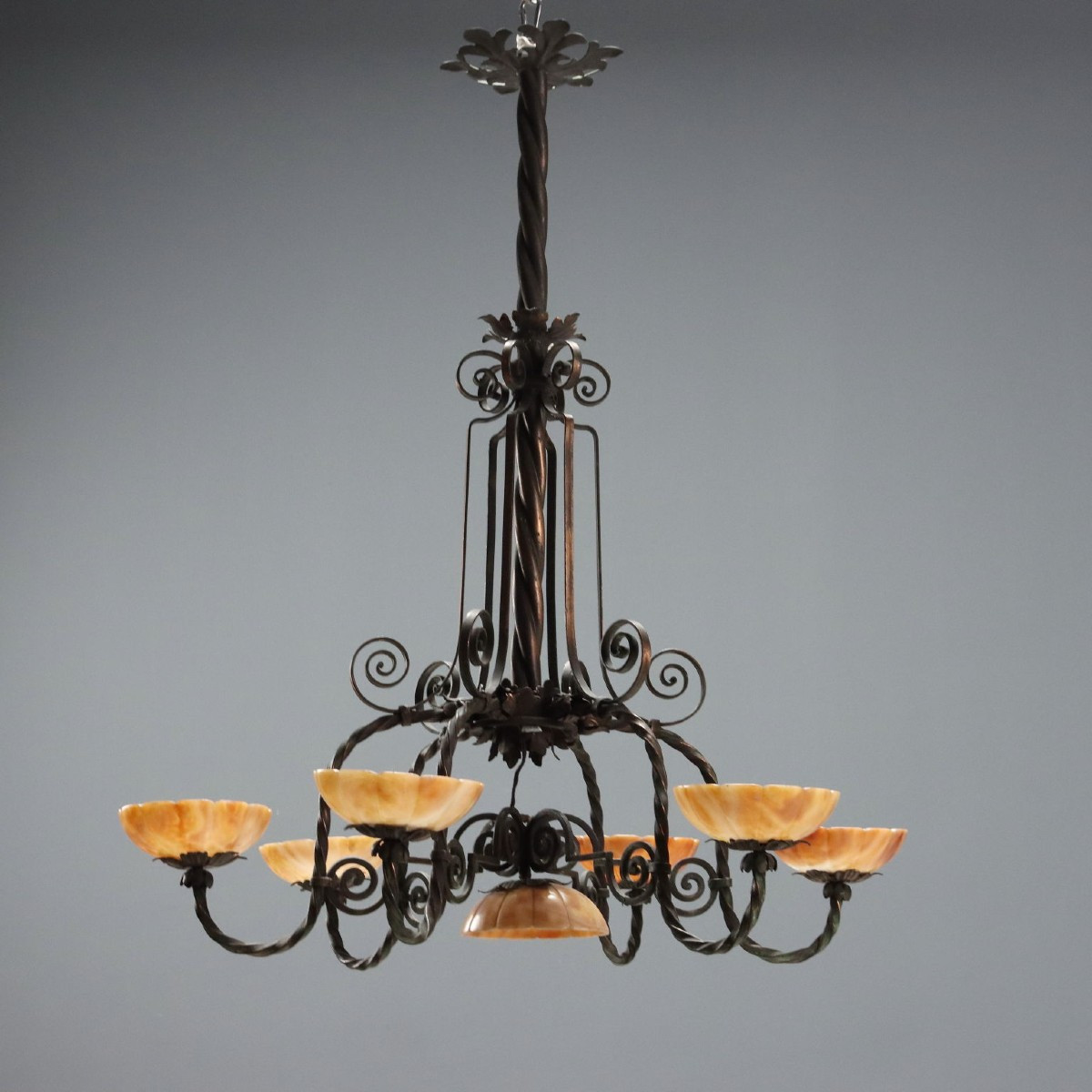 Lampadario Liberty in Metallo Brunito Italia Primo Quarto XX Secolo