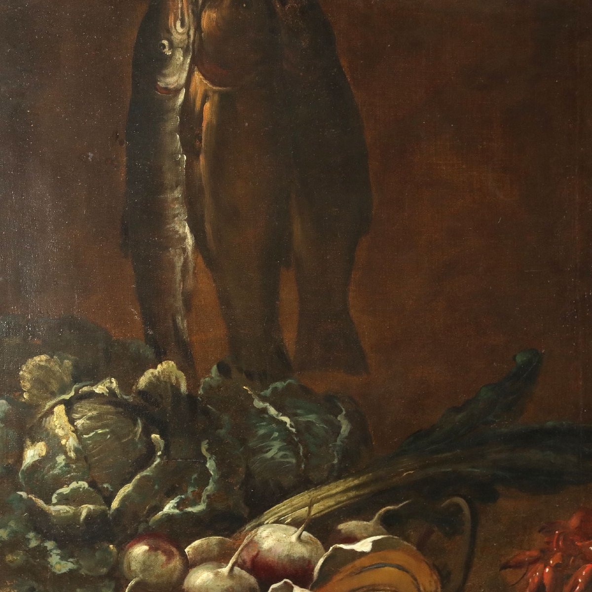 Dipinto Natura morta con Frutta Ortaggi e Gatto XVII Secolo -photo-2
