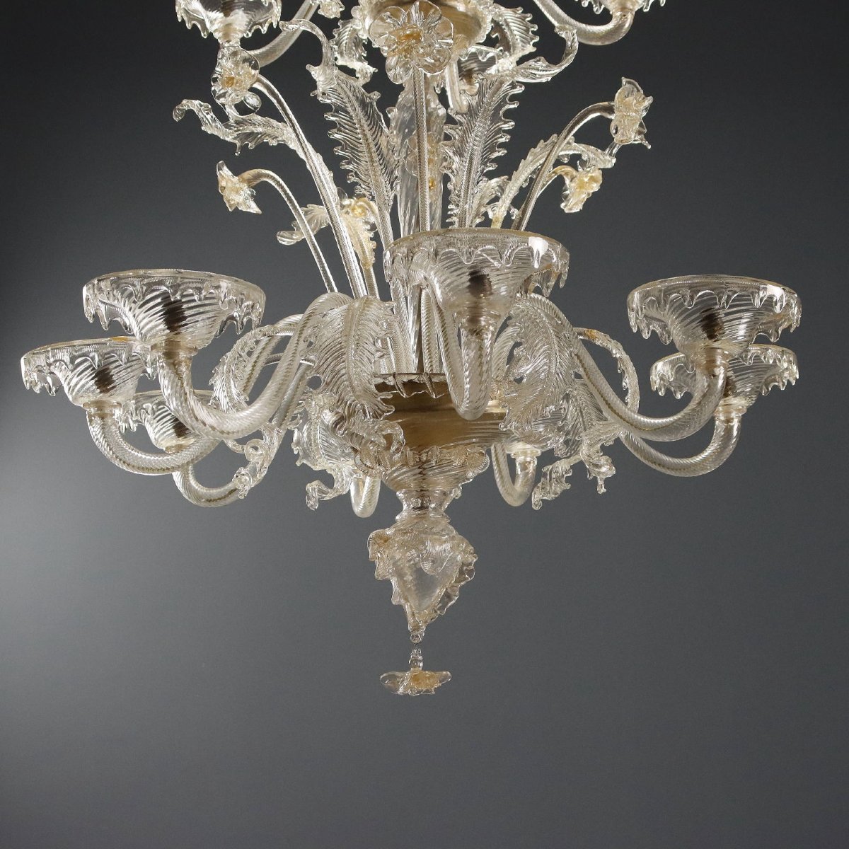 Lampadario in Vetro Soffiato Trasparente e Dorature Murano Inizio XX Secolo-photo-3