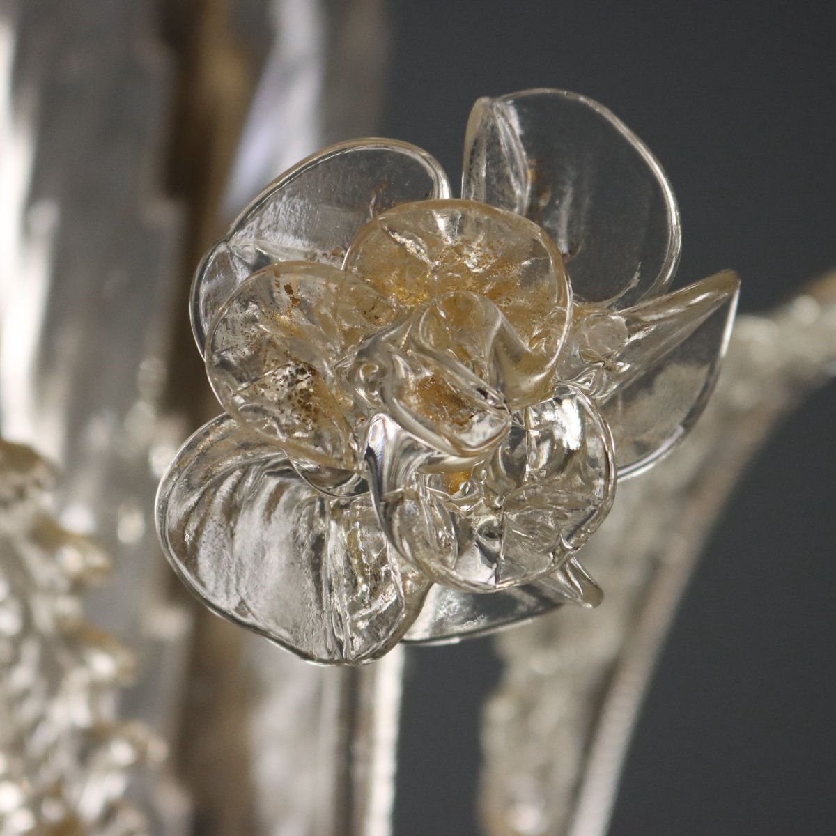 Lampadario in Vetro Soffiato Trasparente e Dorature Murano Inizio XX Secolo-photo-4