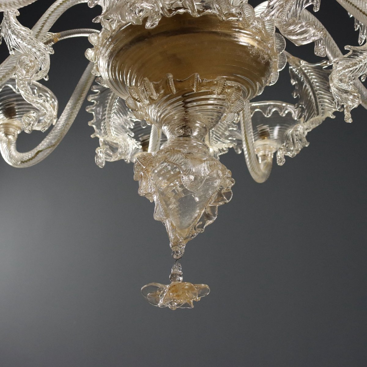 Lampadario in Vetro Soffiato Trasparente e Dorature Murano Inizio XX Secolo-photo-2