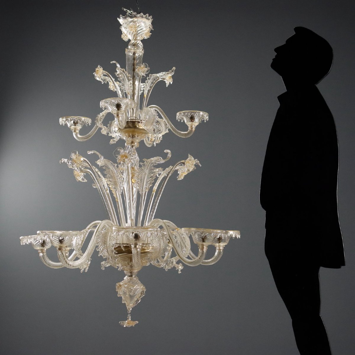 Lampadario in Vetro Soffiato Trasparente e Dorature Murano Inizio XX Secolo-photo-3